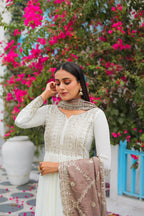Teeya Creation White Color Chinon Silk Heavy Embroidery Work Fully Stitched Gown | Grocsy