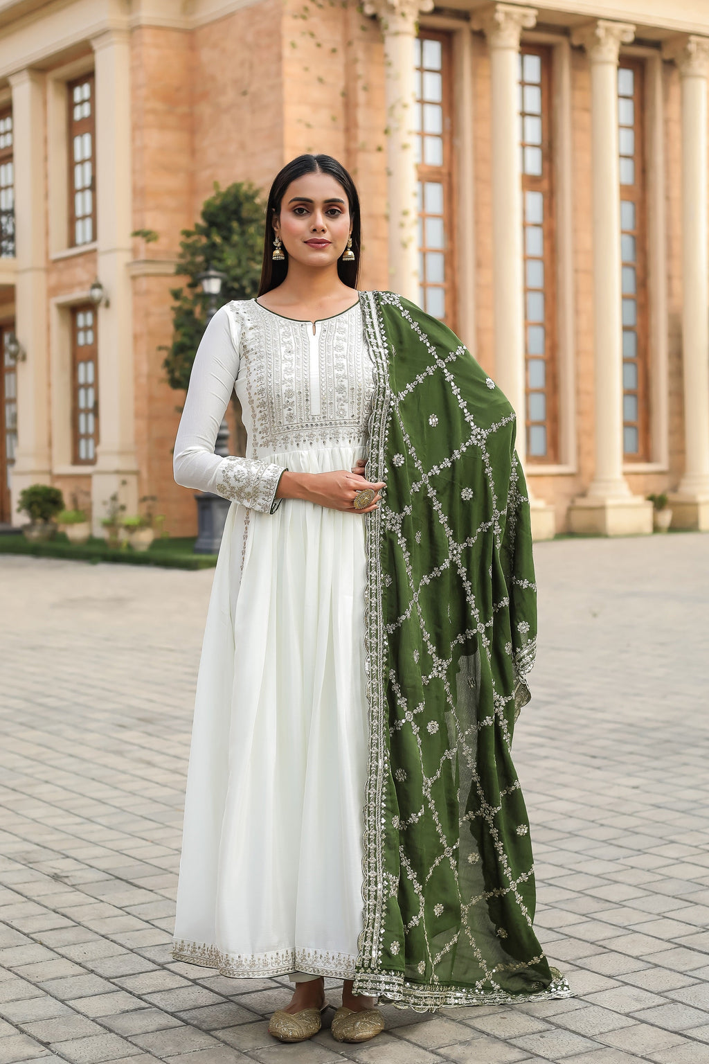 Teeya Creation White Color Chinon Silk Heavy Embroidery Work Fully Stitched Gown | Grocsy