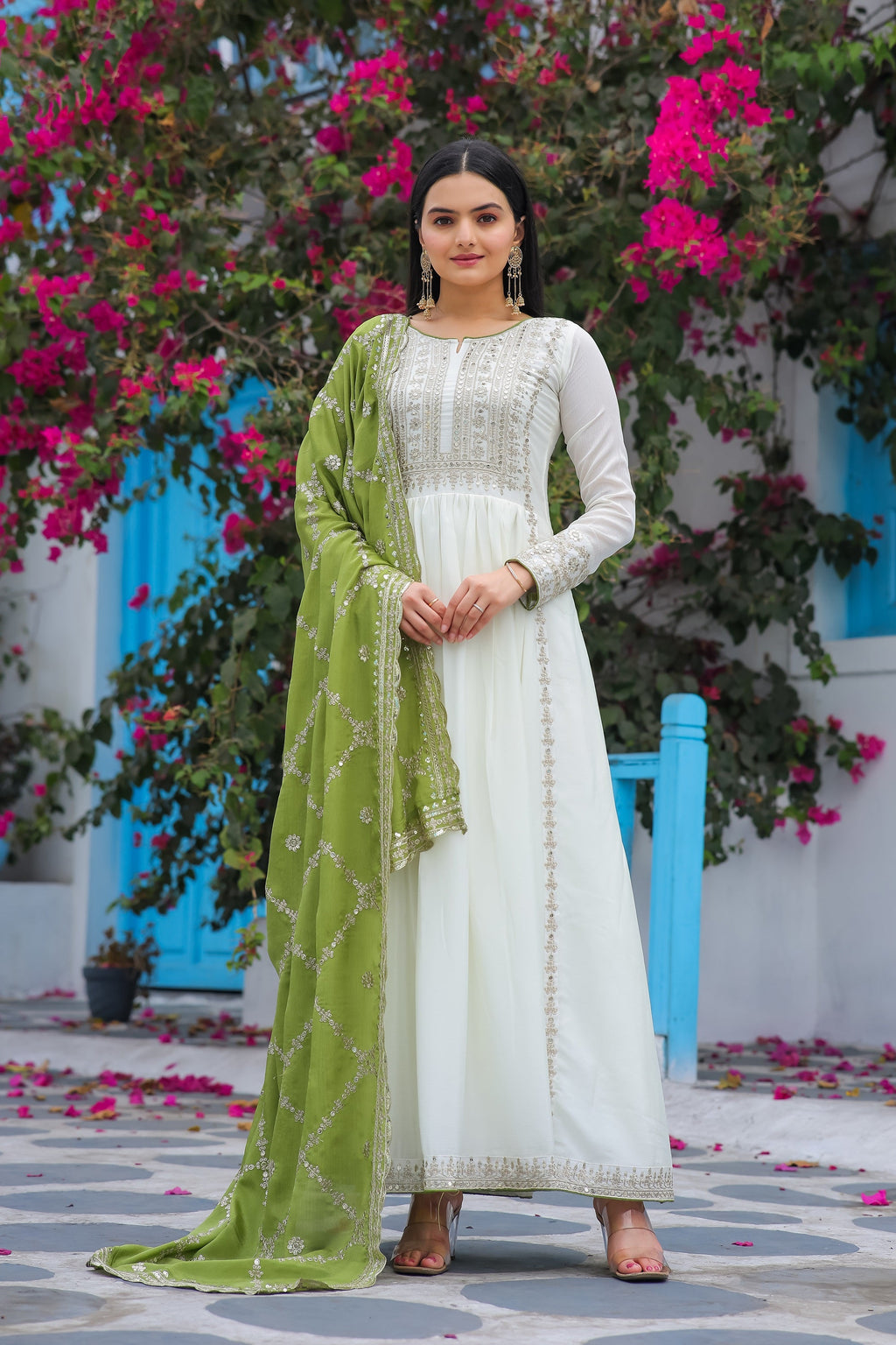 Teeya Creation White Color Chinon Silk Heavy Embroidery Work Fully Stitched Gown | Grocsy