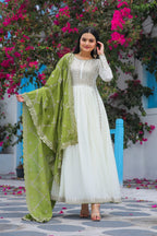 Teeya Creation White Color Chinon Silk Heavy Embroidery Work Fully Stitched Gown | Grocsy