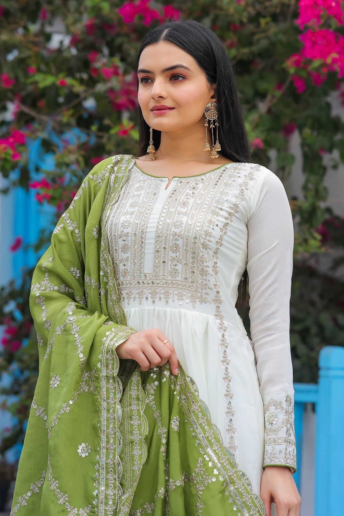 Teeya Creation White Color Chinon Silk Heavy Embroidery Work Fully Stitched Gown | Grocsy
