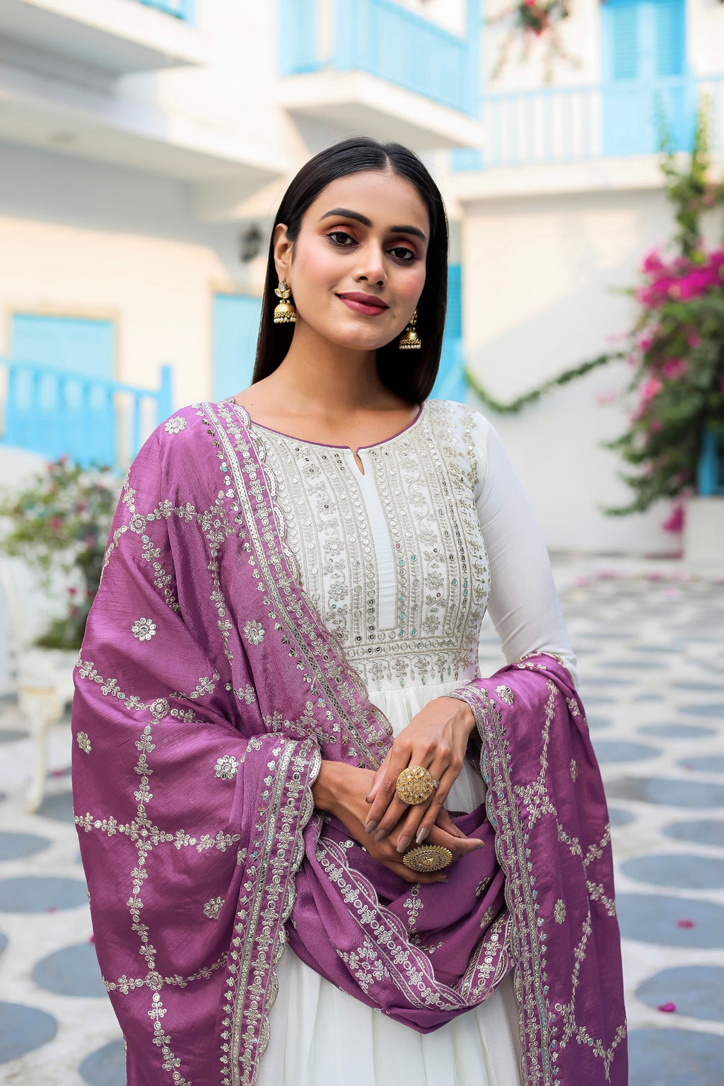 Teeya Creation White Color Chinon Silk Heavy Embroidery Work Fully Stitched Gown | Grocsy