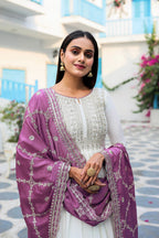 Teeya Creation White Color Chinon Silk Heavy Embroidery Work Fully Stitched Gown | Grocsy