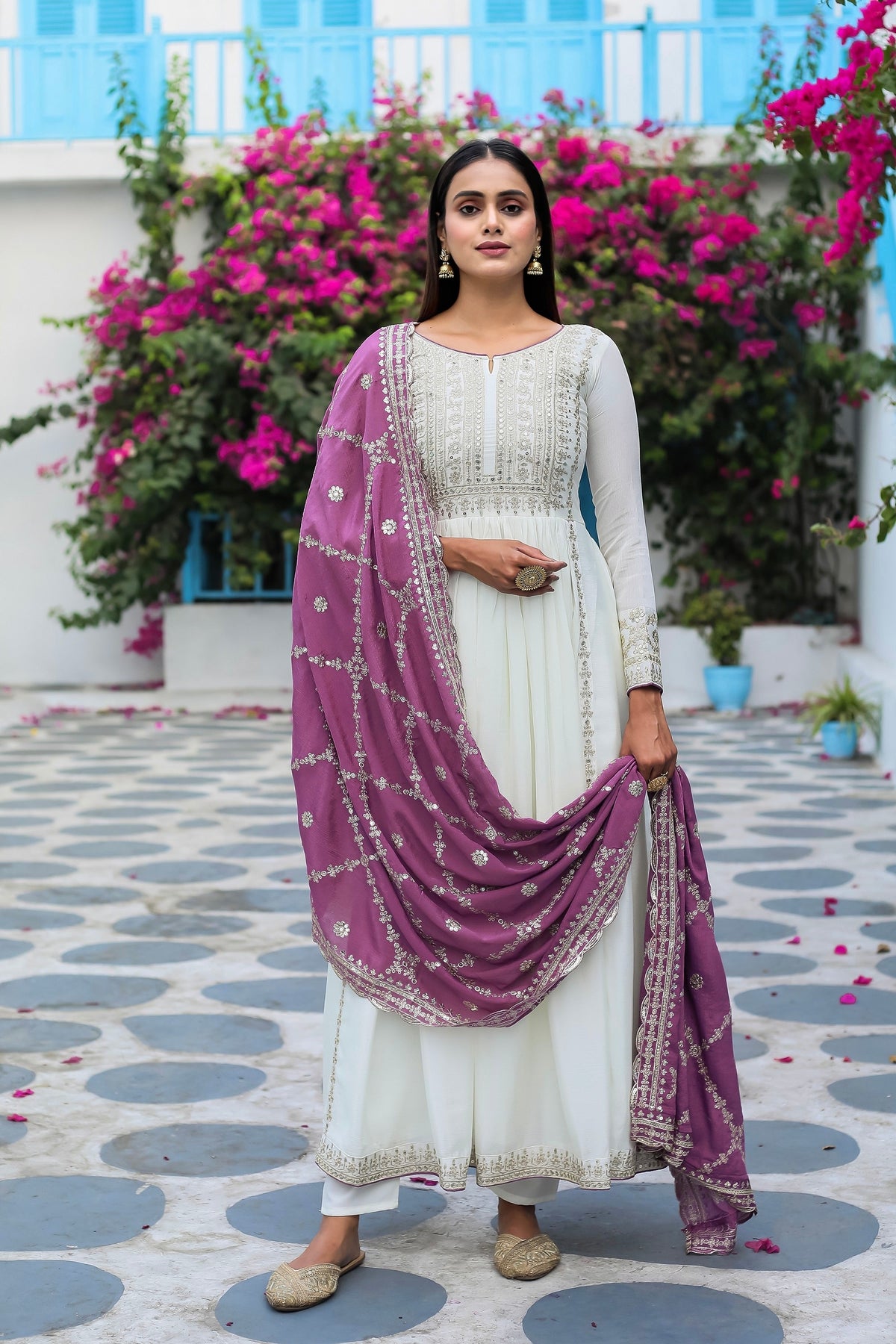 Teeya Creation White Color Chinon Silk Heavy Embroidery Work Fully Stitched Gown | Grocsy