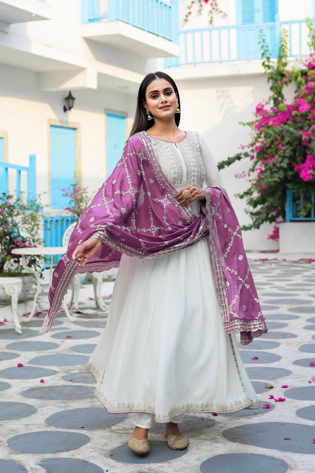 Teeya Creation White Color Chinon Silk Heavy Embroidery Work Fully Stitched Gown | Grocsy