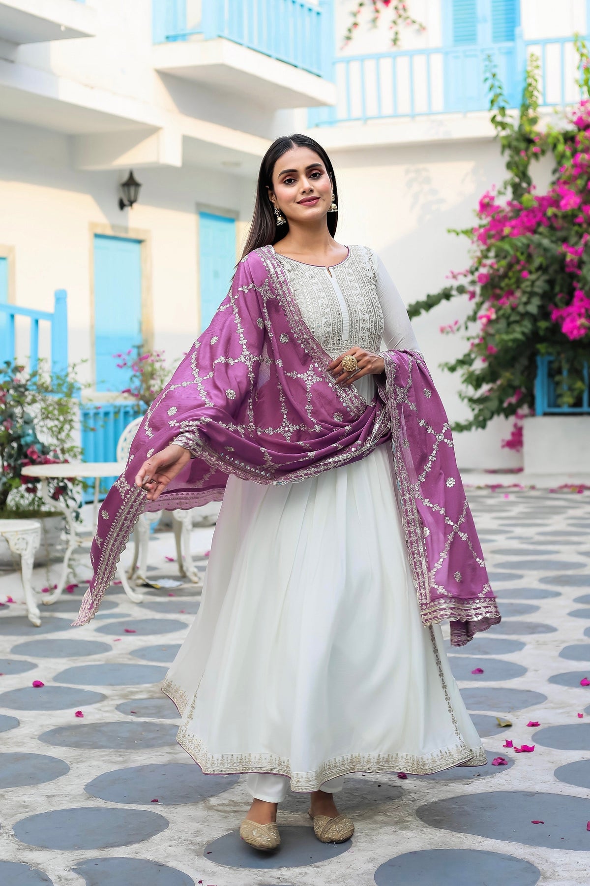 Teeya Creation White Color Chinon Silk Heavy Embroidery Work Fully Stitched Gown | Grocsy
