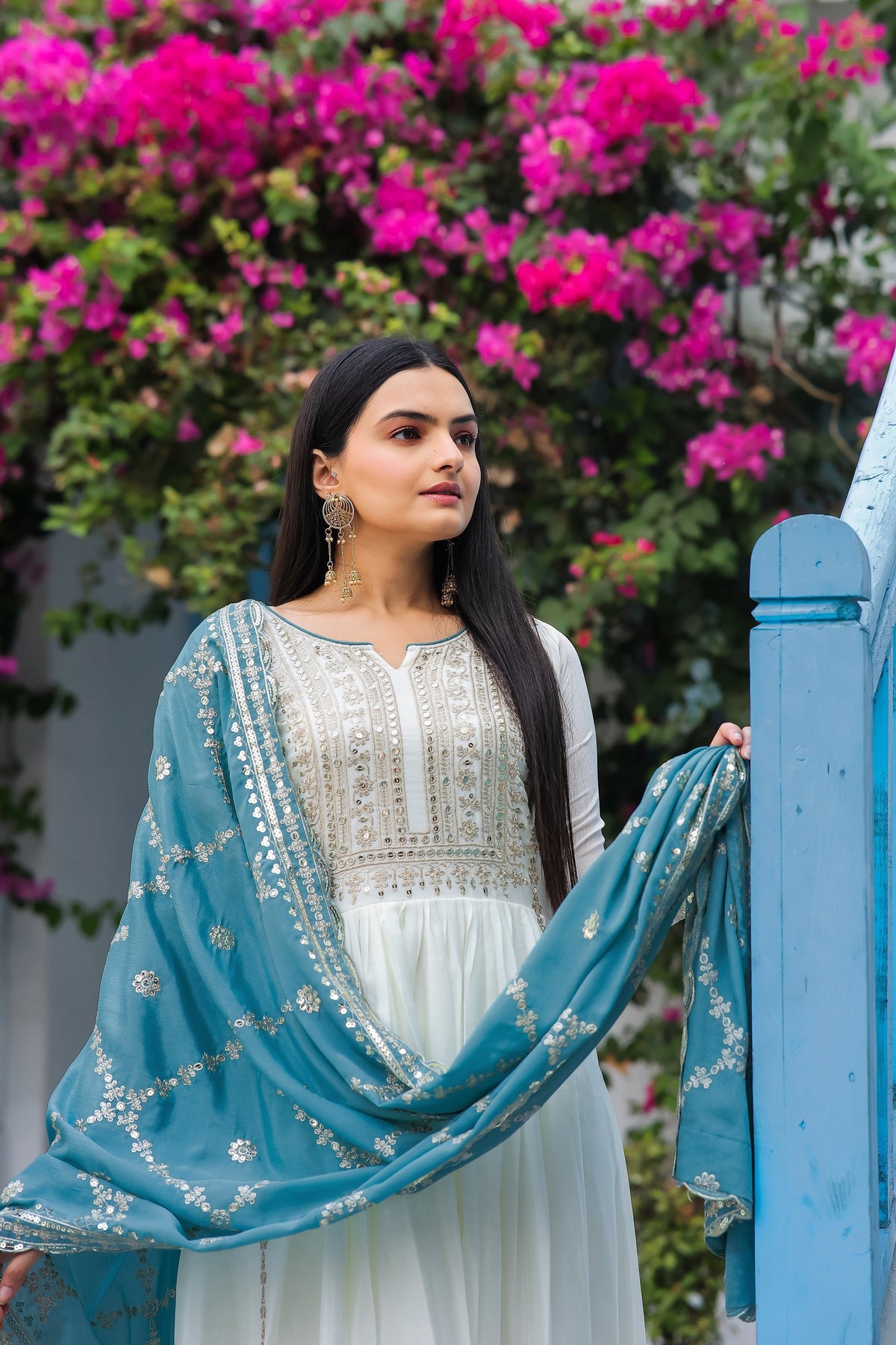 Teeya Creation White Color Chinon Silk Heavy Embroidery Work Fully Stitched Gown | Grocsy