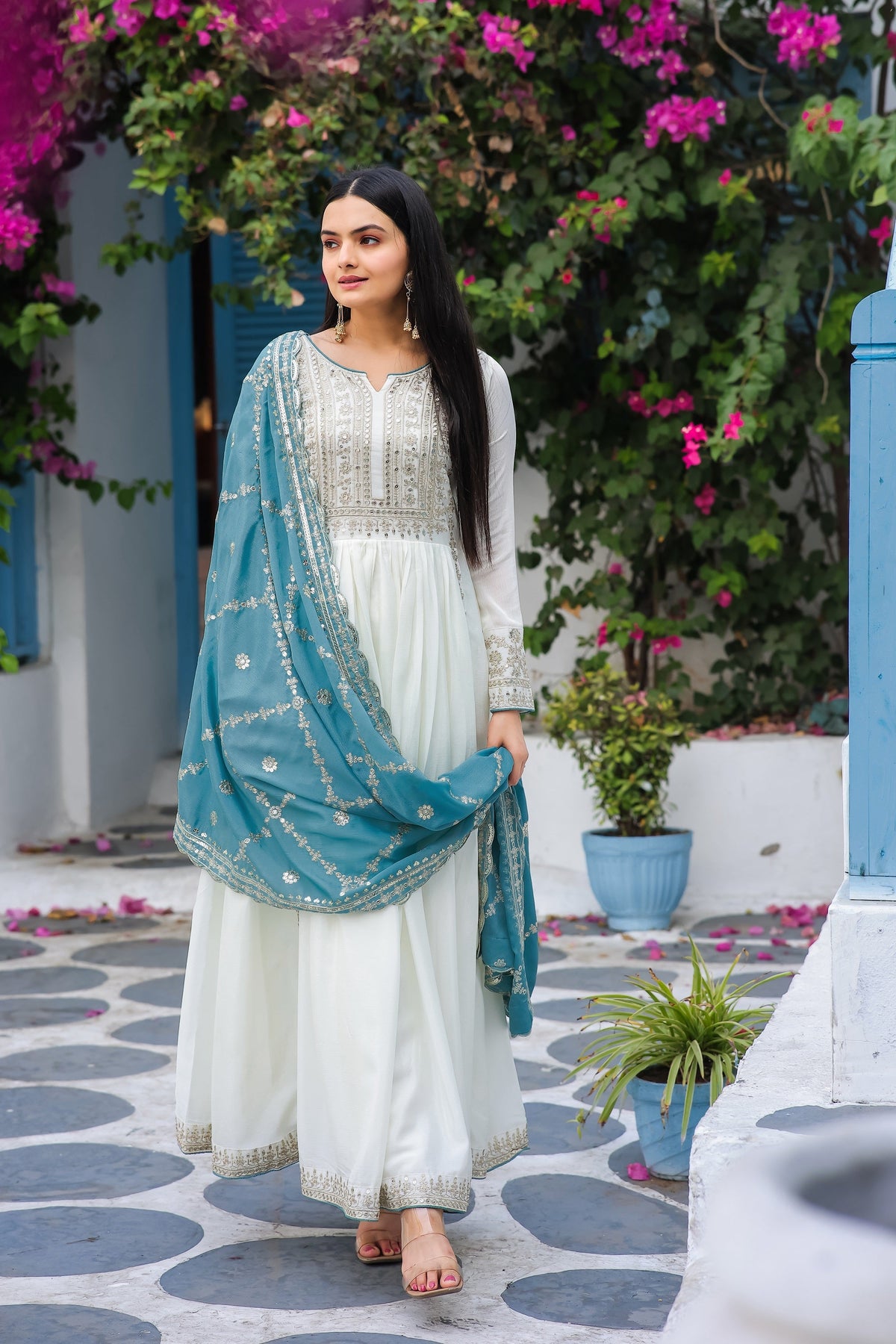 Teeya Creation White Color Chinon Silk Heavy Embroidery Work Fully Stitched Gown | Grocsy