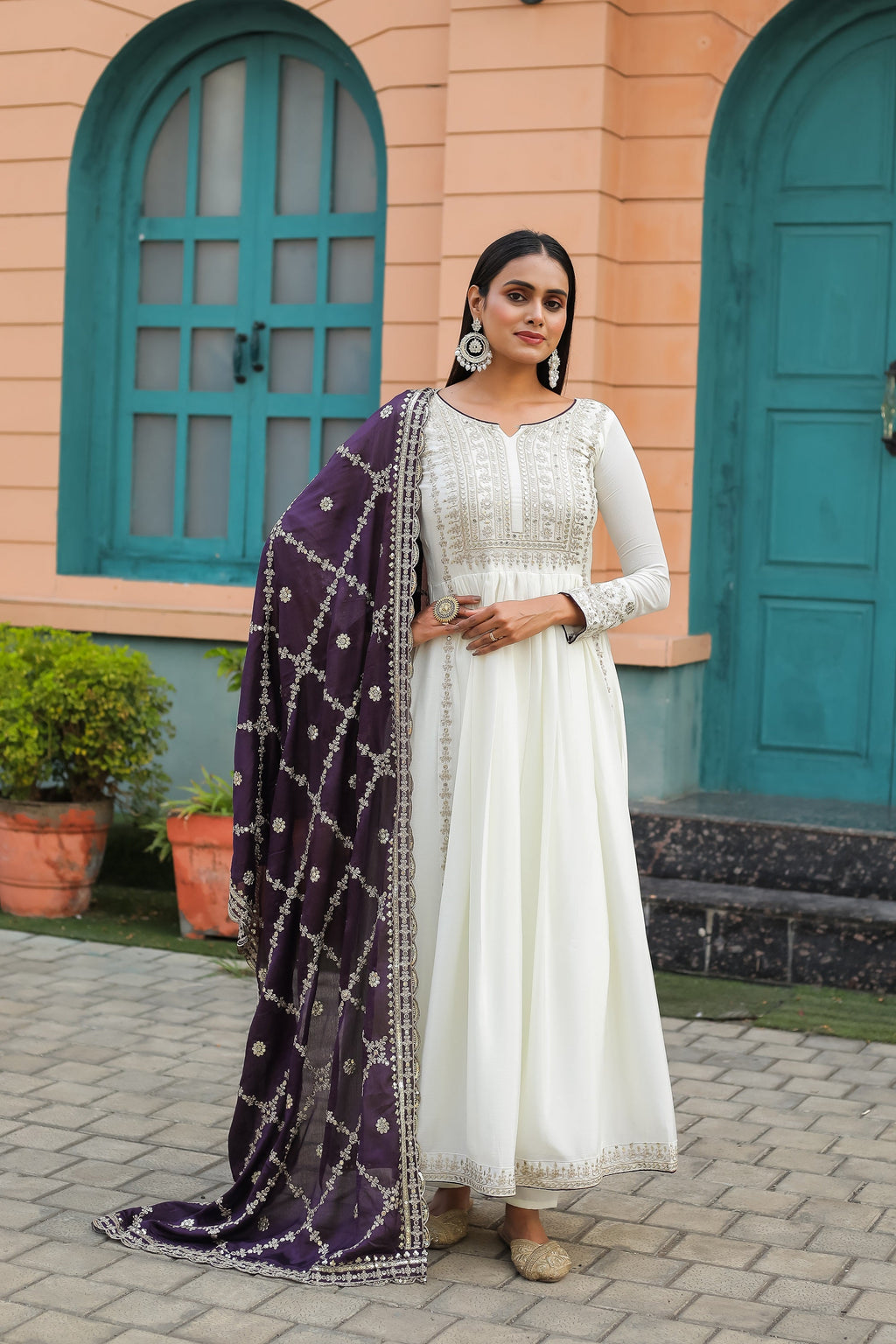 Teeya Creation White Color Chinon Silk Heavy Embroidery Work Fully Stitched Gown | Grocsy