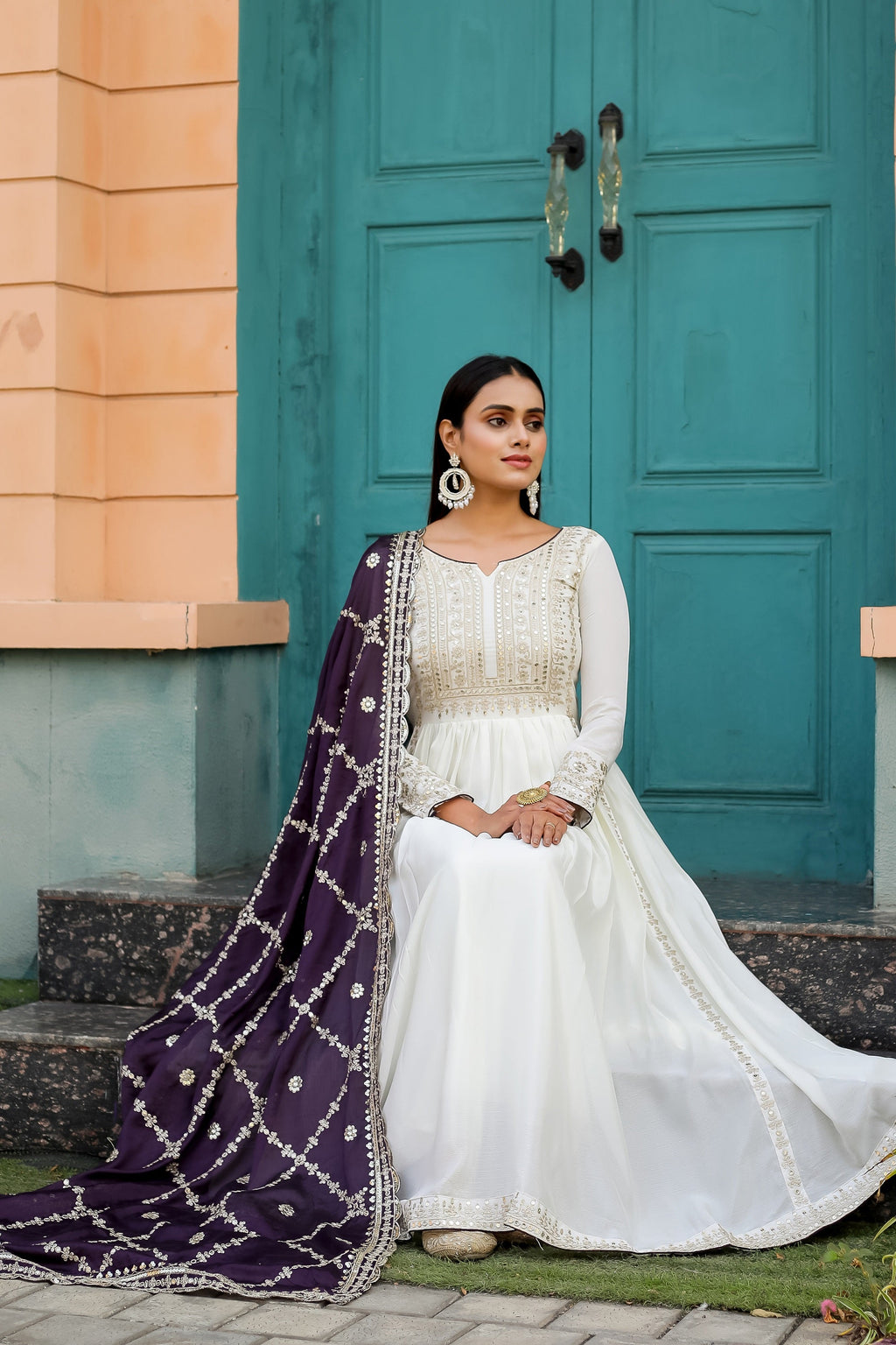 Teeya Creation White Color Chinon Silk Heavy Embroidery Work Fully Stitched Gown | Grocsy