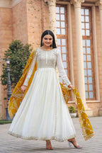 Teeya Creation White Color Chinon Silk Heavy Embroidery Work Fully Stitched Gown | Grocsy