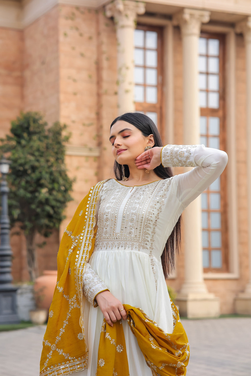 Teeya Creation White Color Chinon Silk Heavy Embroidery Work Fully Stitched Gown | Grocsy