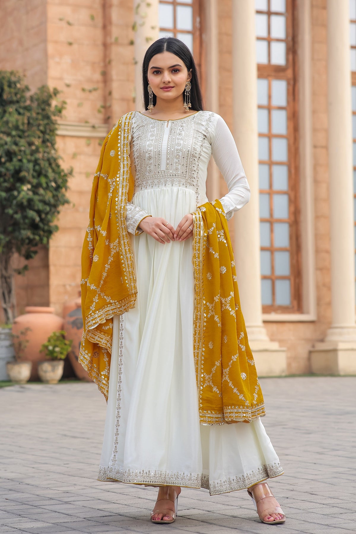 Teeya Creation White Color Chinon Silk Heavy Embroidery Work Fully Stitched Gown | Grocsy