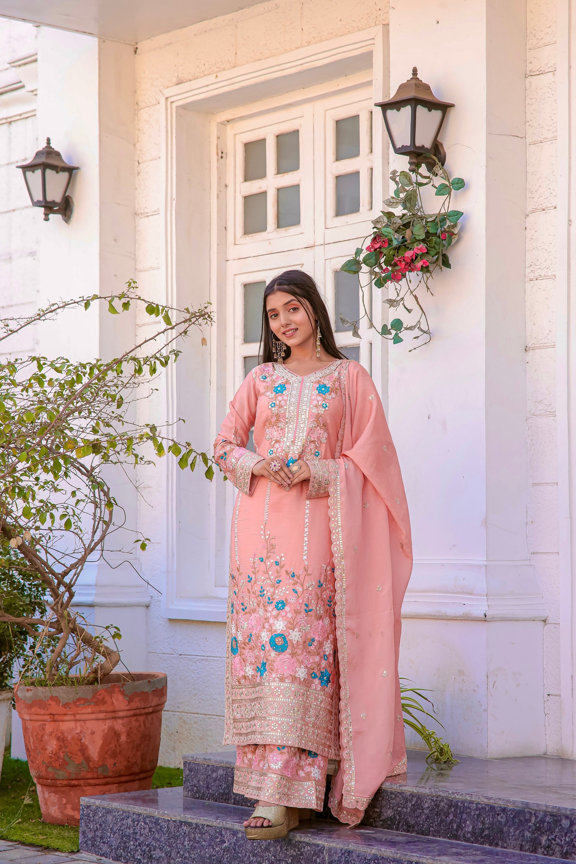 Teeya Creation Peach Color Chinon Silk Heavy Embroidery Work Fully Stitched Salwar Suit | Grocsy