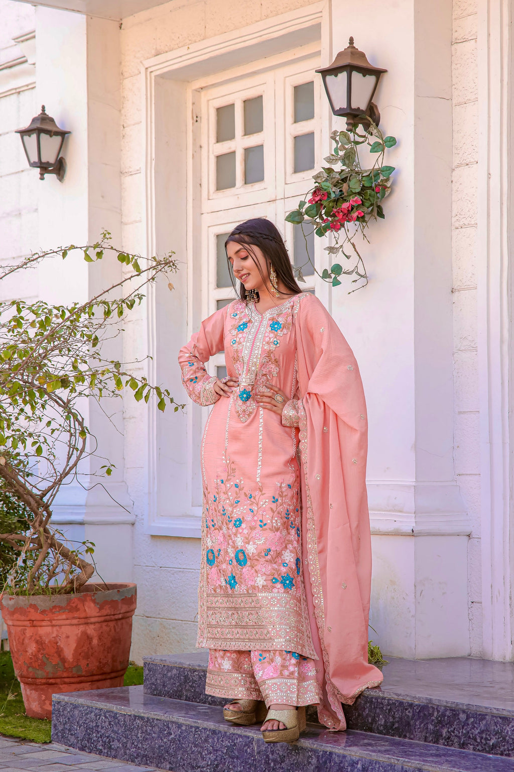Teeya Creation Peach Color Chinon Silk Heavy Embroidery Work Fully Stitched Salwar Suit | Grocsy