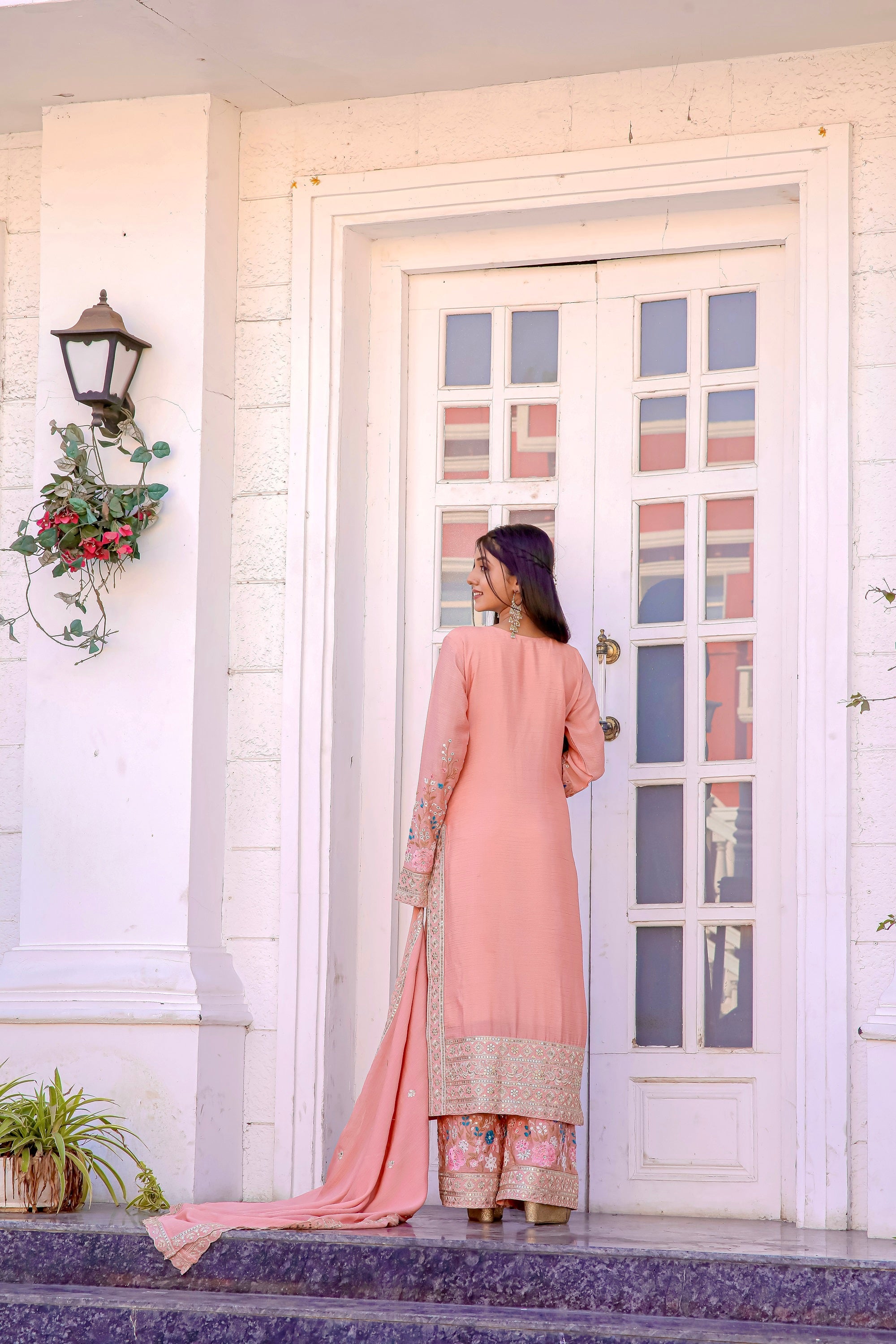 Teeya Creation Peach Color Chinon Silk Heavy Embroidery Work Fully Stitched Salwar Suit | Grocsy