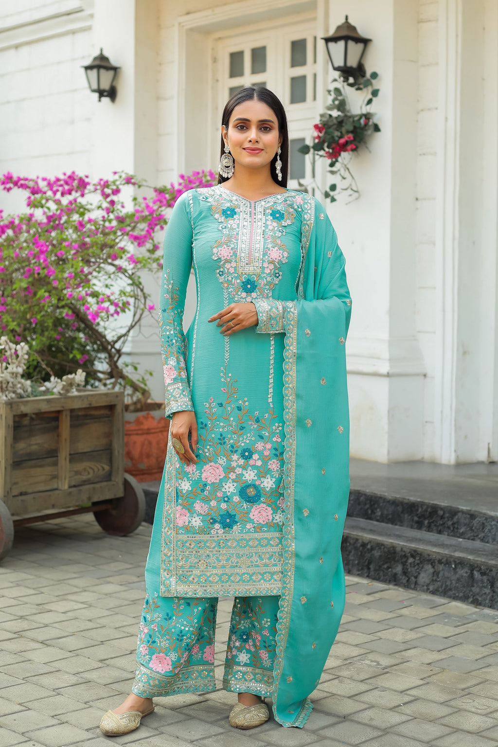 Teeya Creation Turquoise Color Chinon Silk Heavy Embroidery Work Fully Stitched Salwar Suit | Grocsy