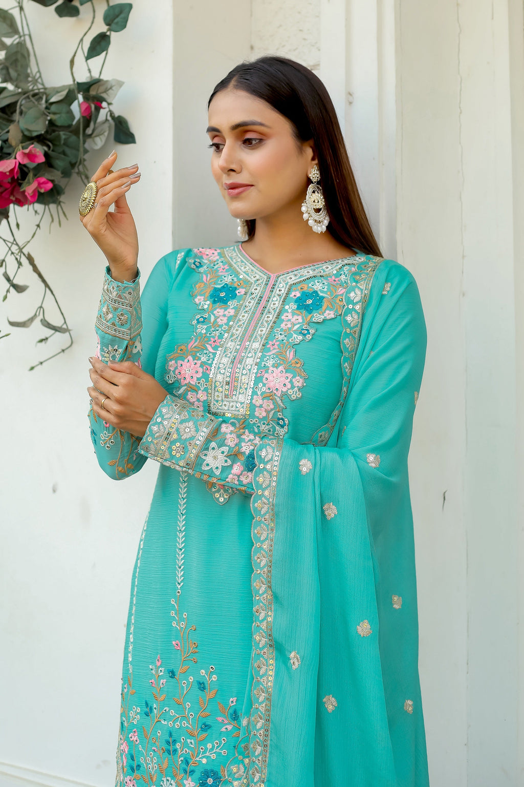 Teeya Creation Turquoise Color Chinon Silk Heavy Embroidery Work Fully Stitched Salwar Suit | Grocsy