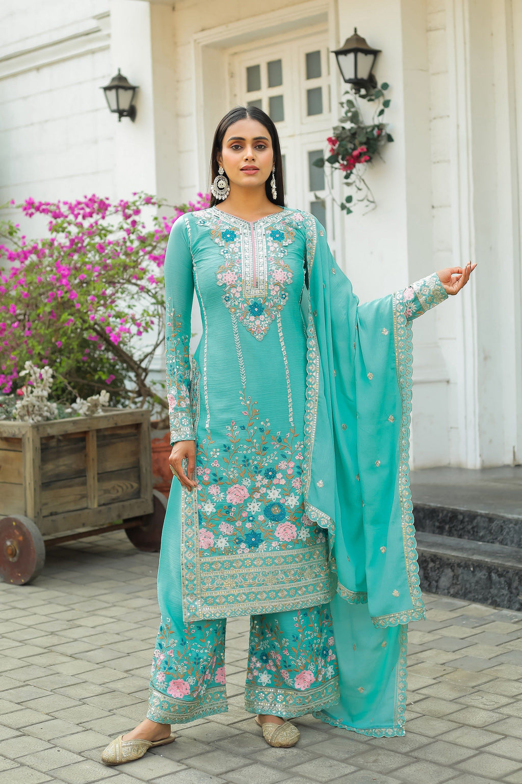 Teeya Creation Turquoise Color Chinon Silk Heavy Embroidery Work Fully Stitched Salwar Suit | Grocsy