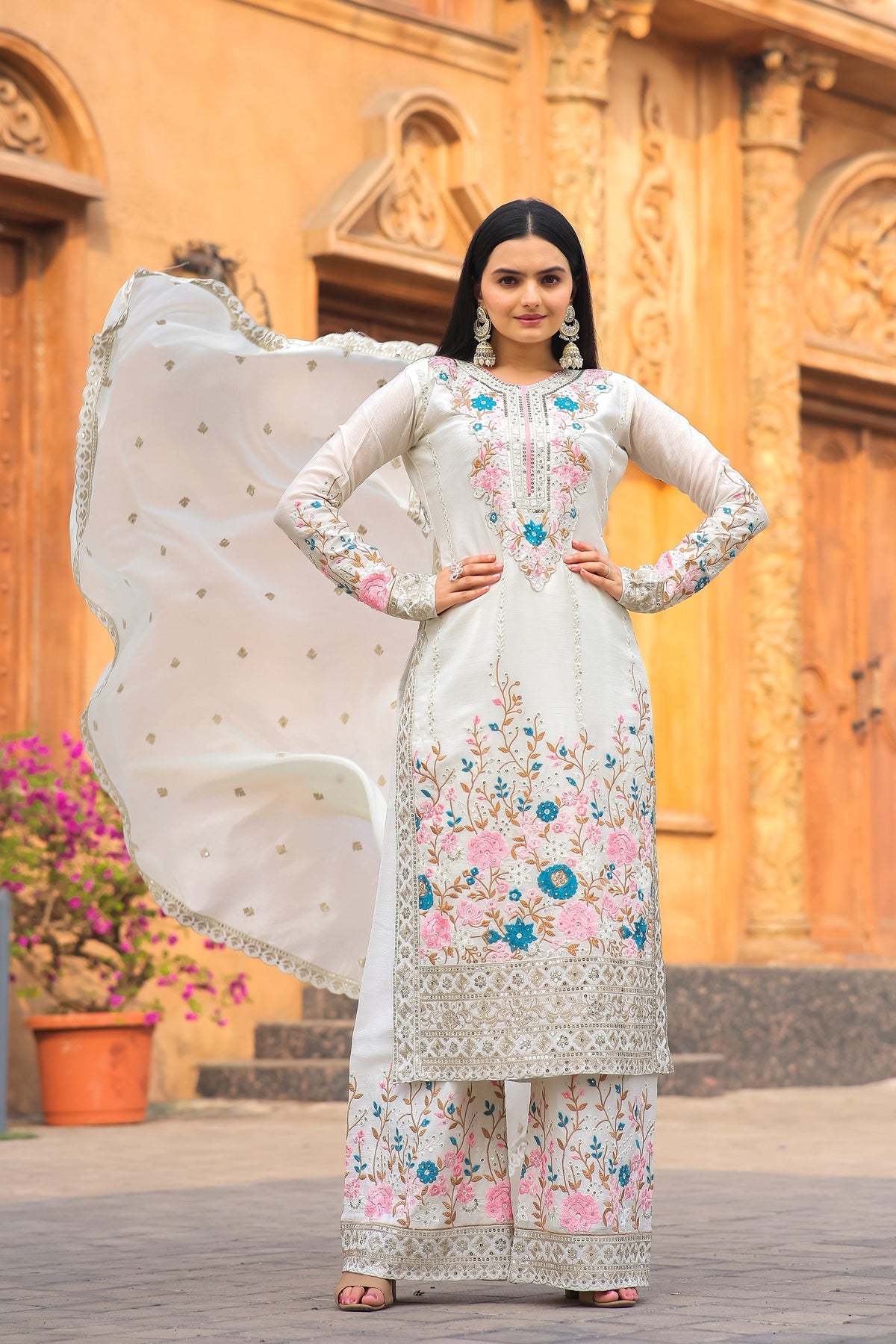 Teeya Creation White Color Chinon Silk Heavy Embroidery Work Fully Stitched Salwar Suit | Grocsy
