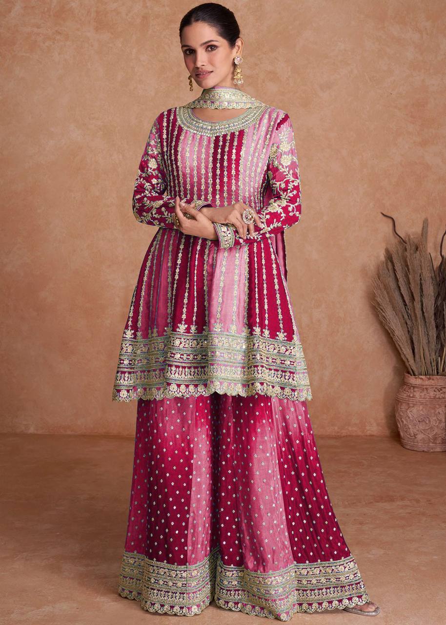 Teeya Creation Multi Colour Chinon Silk Heavy Embroidery Sequence Work Fully Stitched Salwar Suit | Grocsy