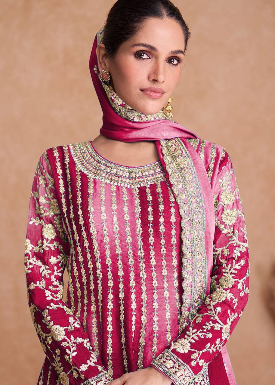Teeya Creation Multi Colour Chinon Silk Heavy Embroidery Sequence Work Fully Stitched Salwar Suit | Grocsy