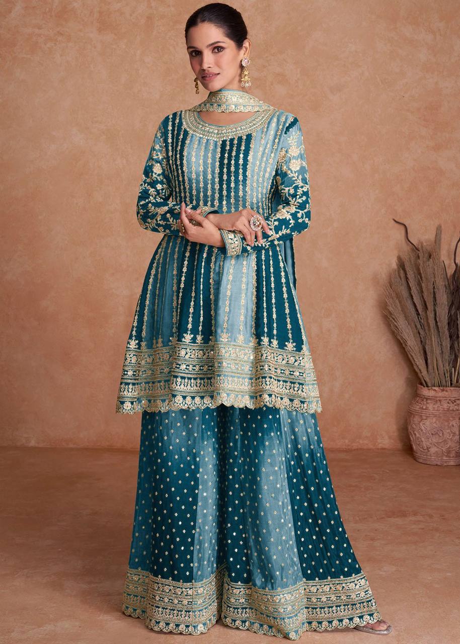 Teeya Creation Multi Colour Chinon Silk Heavy Embroidery Sequence Work Fully Stitched Salwar Suit | Grocsy