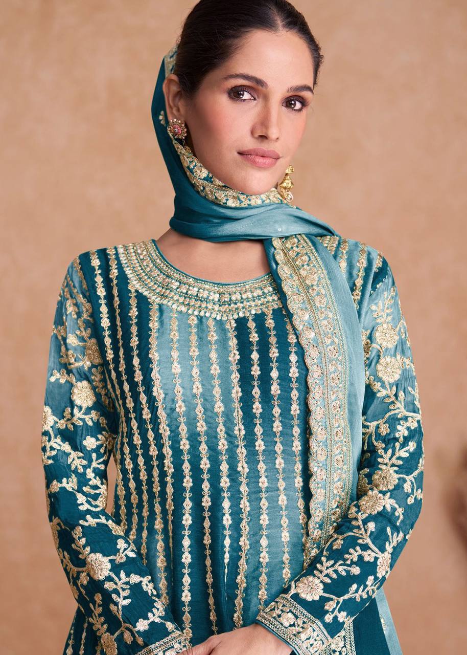 Teeya Creation Multi Colour Chinon Silk Heavy Embroidery Sequence Work Fully Stitched Salwar Suit | Grocsy