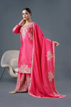 Teeya Creation Pink Colour Chinnon Silk Heavy Embroidery Work Fully Stitched Palazzo Pair | Grocsy