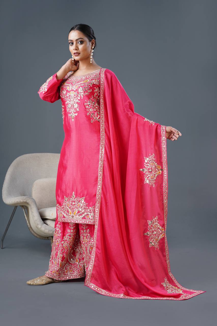 Teeya Creation Pink Colour Chinnon Silk Heavy Embroidery Work Fully Stitched Palazzo Pair | Grocsy