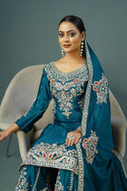 Teeya Creation Teal Colour Chinnon Silk Heavy Embroidery Work Fully Stitched Palazzo Pair | Grocsy