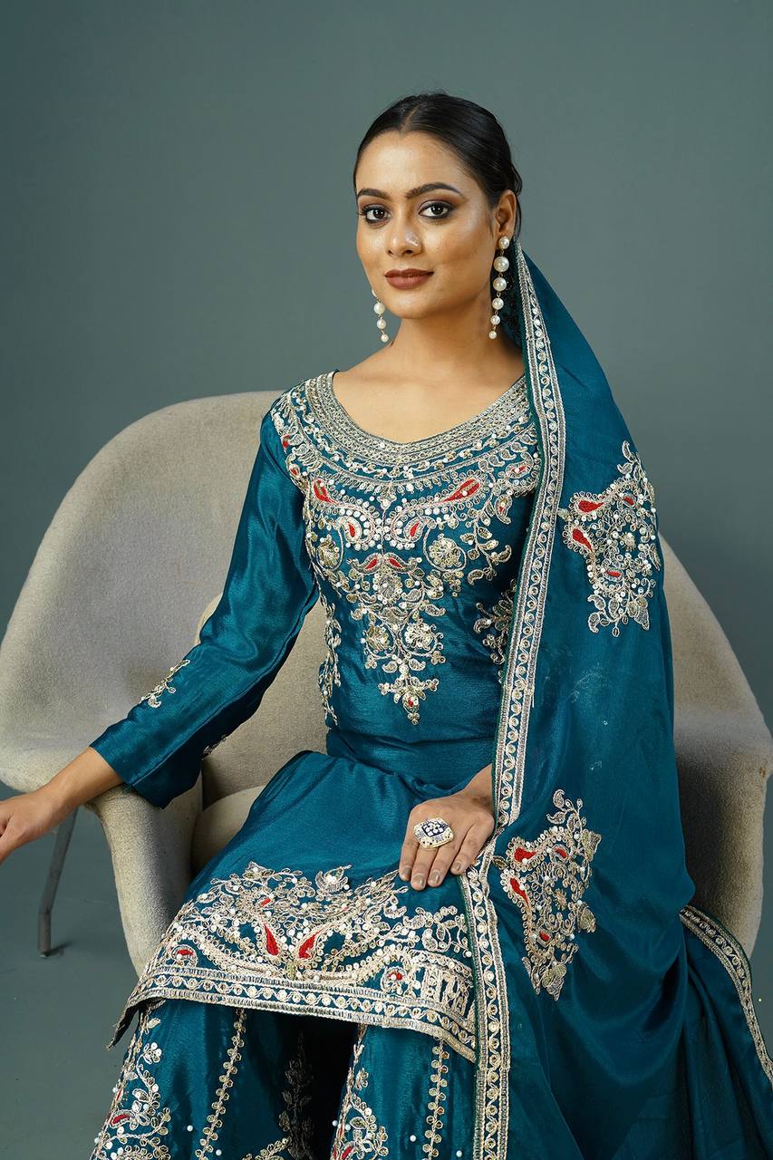 Teeya Creation Teal Colour Chinnon Silk Heavy Embroidery Work Fully Stitched Palazzo Pair | Grocsy