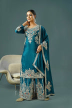 Teeya Creation Teal Colour Chinnon Silk Heavy Embroidery Work Fully Stitched Palazzo Pair | Grocsy