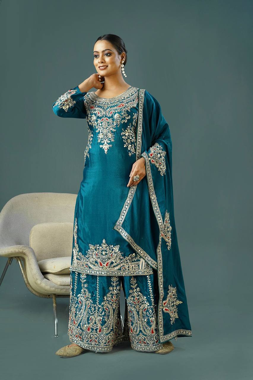 Teeya Creation Teal Colour Chinnon Silk Heavy Embroidery Work Fully Stitched Palazzo Pair | Grocsy
