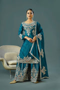 Teeya Creation Teal Colour Chinnon Silk Heavy Embroidery Work Fully Stitched Palazzo Pair | Grocsy