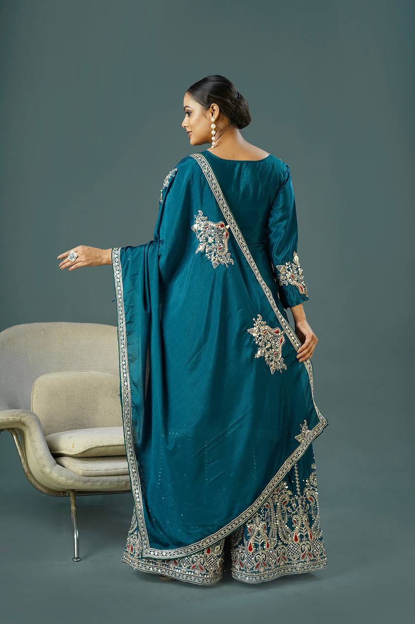 Teeya Creation Teal Colour Chinnon Silk Heavy Embroidery Work Fully Stitched Palazzo Pair | Grocsy