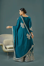 Teeya Creation Teal Colour Chinnon Silk Heavy Embroidery Work Fully Stitched Palazzo Pair | Grocsy