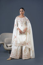 Teeya Creation White Colour Chinnon Silk Heavy Embroidery Work Fully Stitched Palazzo Pair | Grocsy