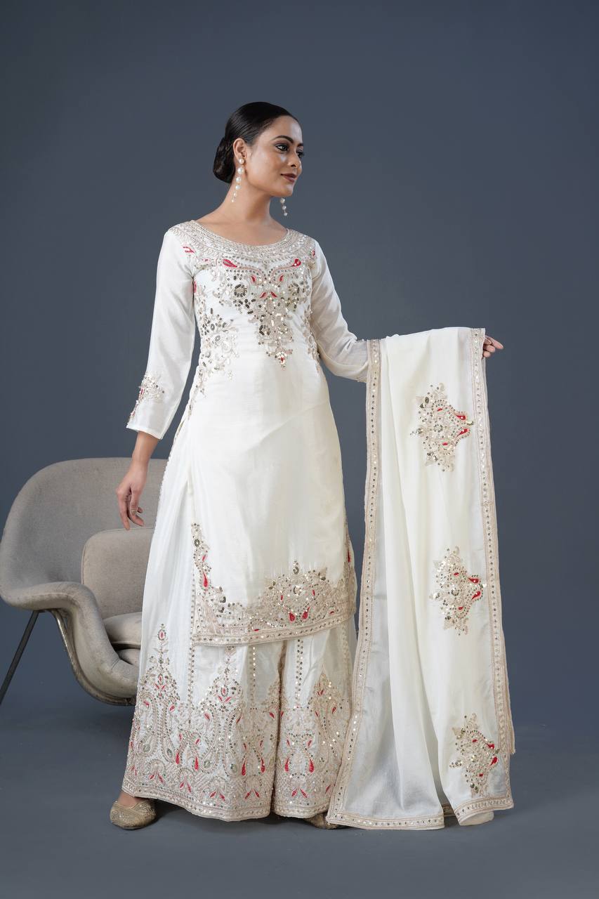 Teeya Creation White Colour Chinnon Silk Heavy Embroidery Work Fully Stitched Palazzo Pair | Grocsy