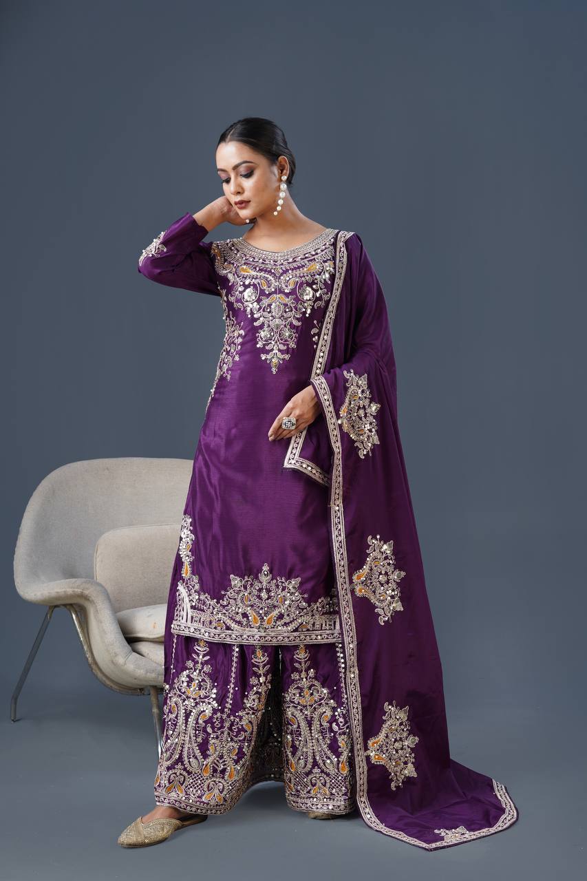 Teeya Creation White Colour Chinnon Silk Heavy Embroidery Work Fully Stitched Palazzo Pair | Grocsy