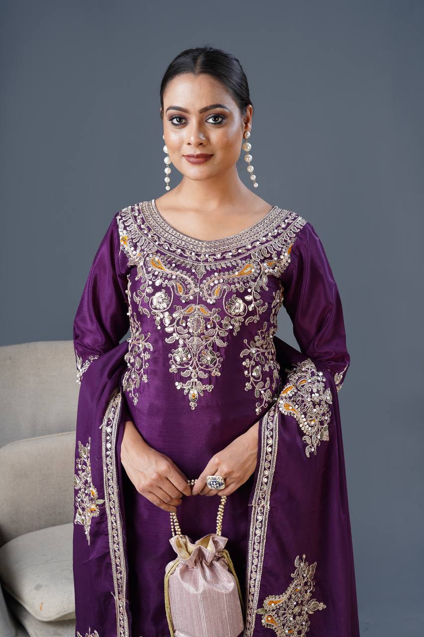Teeya Creation White Colour Chinnon Silk Heavy Embroidery Work Fully Stitched Palazzo Pair | Grocsy