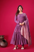 Teeya Creation Purple Colour Heavy Roman Silk Gown With Jacquard Dupatta | Grocsy