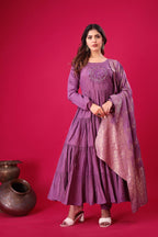 Teeya Creation Purple Colour Heavy Roman Silk Gown With Jacquard Dupatta | Grocsy