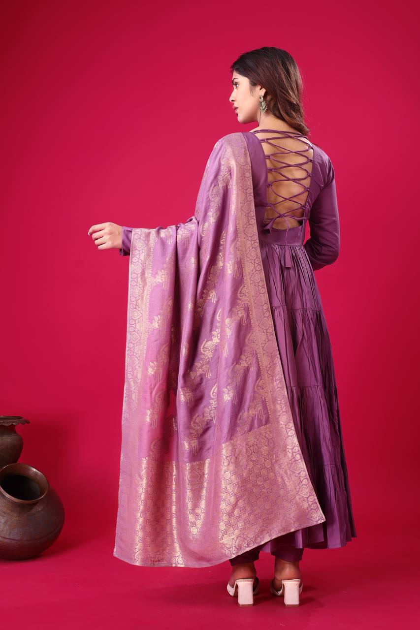 Teeya Creation Purple Colour Heavy Roman Silk Gown With Jacquard Dupatta | Grocsy
