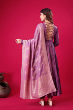 Teeya Creation Purple Colour Heavy Roman Silk Gown With Jacquard Dupatta | Grocsy