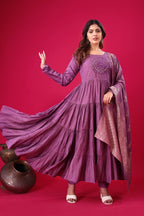 Teeya Creation Purple Colour Heavy Roman Silk Gown With Jacquard Dupatta | Grocsy