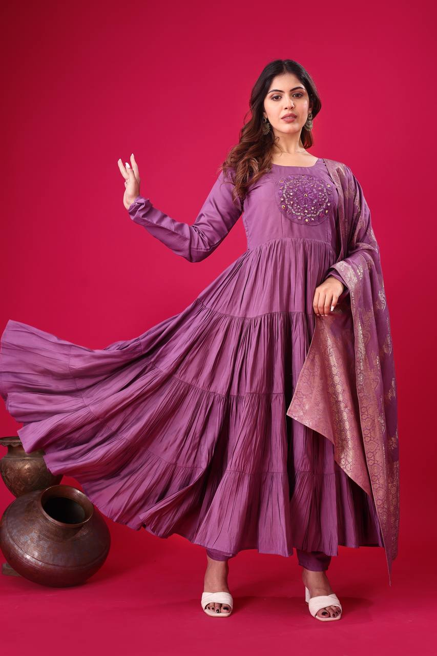 Teeya Creation Purple Colour Heavy Roman Silk Gown With Jacquard Dupatta | Grocsy