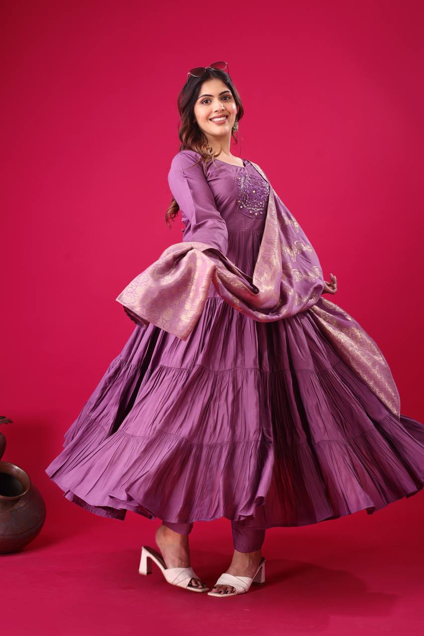 Teeya Creation Purple Colour Heavy Roman Silk Gown With Jacquard Dupatta | Grocsy