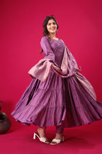 Teeya Creation Purple Colour Heavy Roman Silk Gown With Jacquard Dupatta | Grocsy