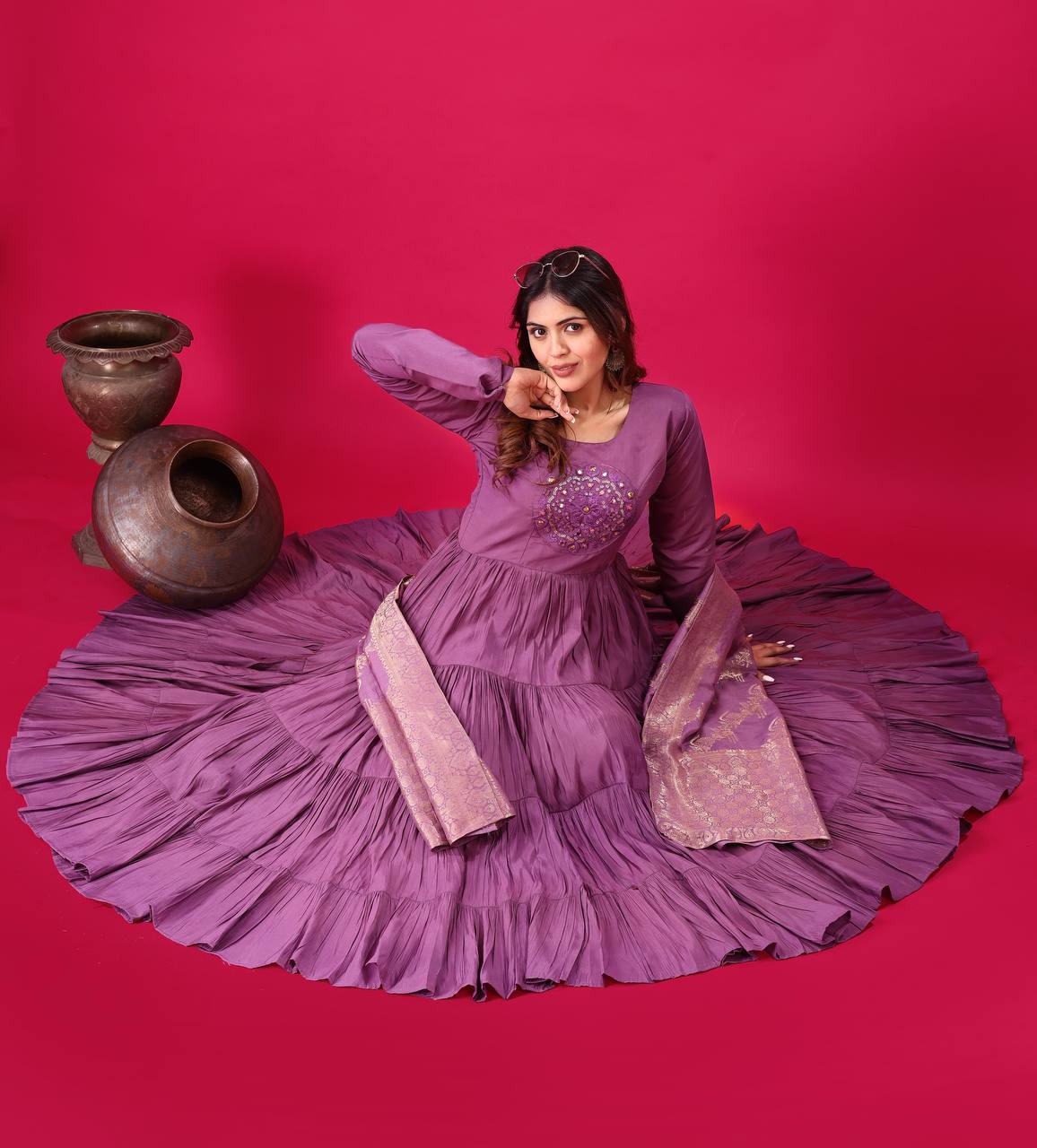 Teeya Creation Purple Colour Heavy Roman Silk Gown With Jacquard Dupatta | Grocsy